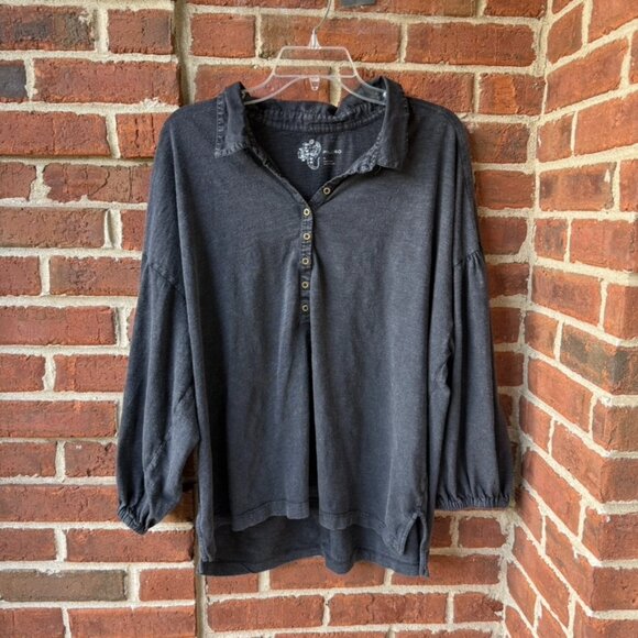 Pilcro Women's Shirt Top Black Distressed Wash Collared Henley Size XL - Picture 1 of 3
